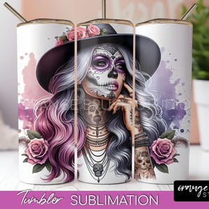 La Catrina Girl Tumbler PNG Sublimation Design, Day of the Dead Rose Tumbler Wrap - Halloween Sugar Skull PNG for Crafts - Digital Download