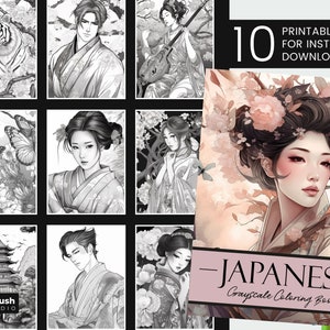 Japanische Malseite, druckbare Malseite für Erwachsene, asiatische Mädchen JPG zum Ausmalen, druckbare Graustufen-Malseite PDF + Buchcover