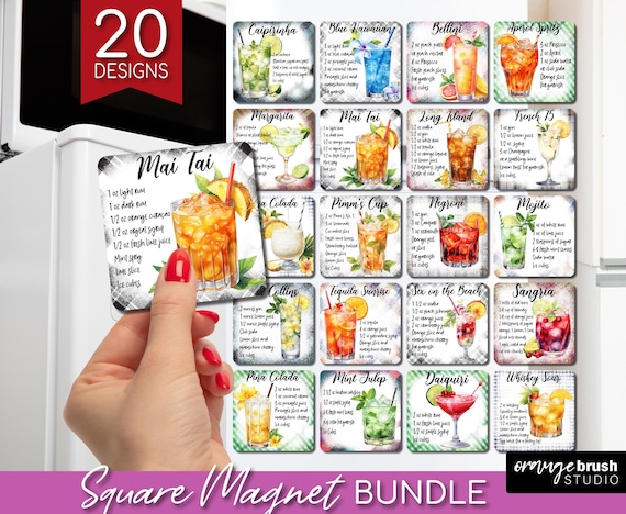 Cocktail Recipe Magnet Sublimation Bundle. Watercolor Cocktail Fridge Square Magnet PNG Sublimation for Kitchen Crafts - Digital Download