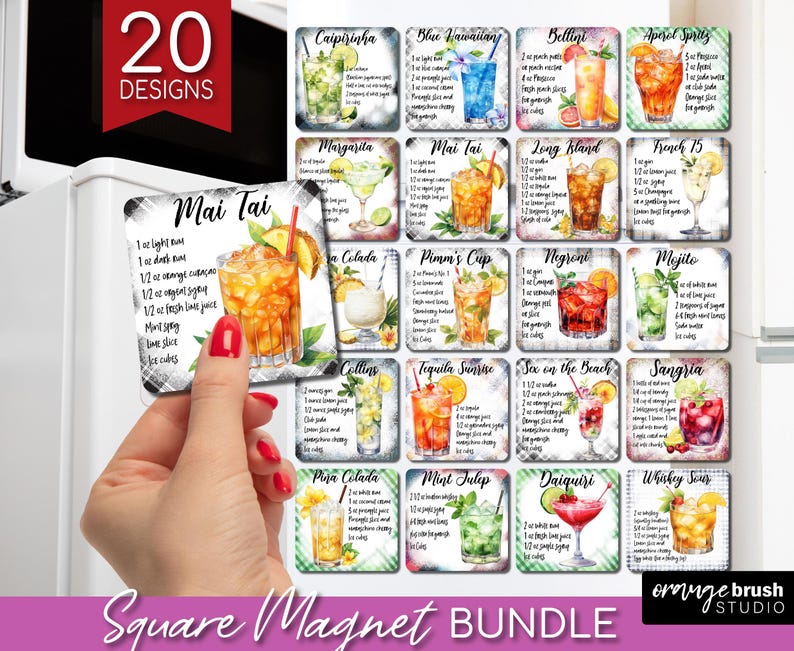 Cocktail Recipe Magnet Sublimation Bundle. Watercolor Cocktail Fridge Square Magnet PNG Sublimation for Kitchen Crafts - Digital Download