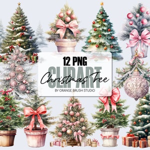 Christmas Tree Clipart Bundle. Vintage Christmas Clipart Bundle, Watercolor PNG for Crafts - Digital Download