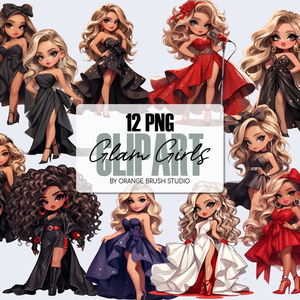 Fashion Girl Clipart Bundle -  Glam Doll Clipart, Chibi Digital Clipart for Stickers, Sublimation, Crafts - Digital Download