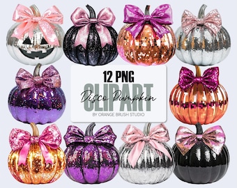 Disco Ball Kürbis Coquette PNG Bundle, Disco Kürbis Sublimationsentwürfe. Spooky Mama Shirt PNG, Girly Kürbis mit Schleife - Digital Download