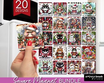 Christmas Cat Magnet Sublimation Bundle. Dangled in Christmas Lights, Funny Cat Magnet PNG Bundle, 20 Designs for Crafts - Digital Download