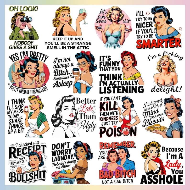 Sassy Retro Housewife PNG Bundle, 20 Funny Shirt Designs, 1950s Sarcastic Housewife, Vintage Sarcastic PNG Adult Humor - Digital Download
