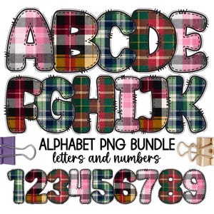 May include: A digital alphabet and number bundle featuring letters A to K and numbers 1 to 9. Each letter and number has a plaid pattern in shades of red, green, pink, and black. The text "ALPHABET PNG BUNDLE letters and numbers" is also included.