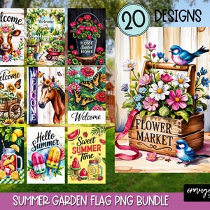 Puede incluir: Un conjunto de 20 diseños digitales para banderas de jardín con temas de verano. Los diseños incluyen flores, mariposas, pájaros y texto como "Bienvenido", "Hola Verano" y "Dulce Tiempo de Verano".