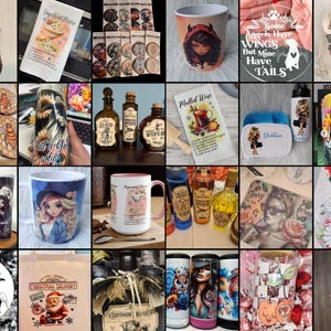 Puede incluir: Una colecci&oacute;n de dise&ntilde;os de sublimaci&oacute;n con varios temas, incluyendo &aacute;ngeles, brujas, Navidad y otras ilustraciones caprichosas. Los dise&ntilde;os se imprimen en tazas, posavasos, vasos y otros art&iacute;culos.