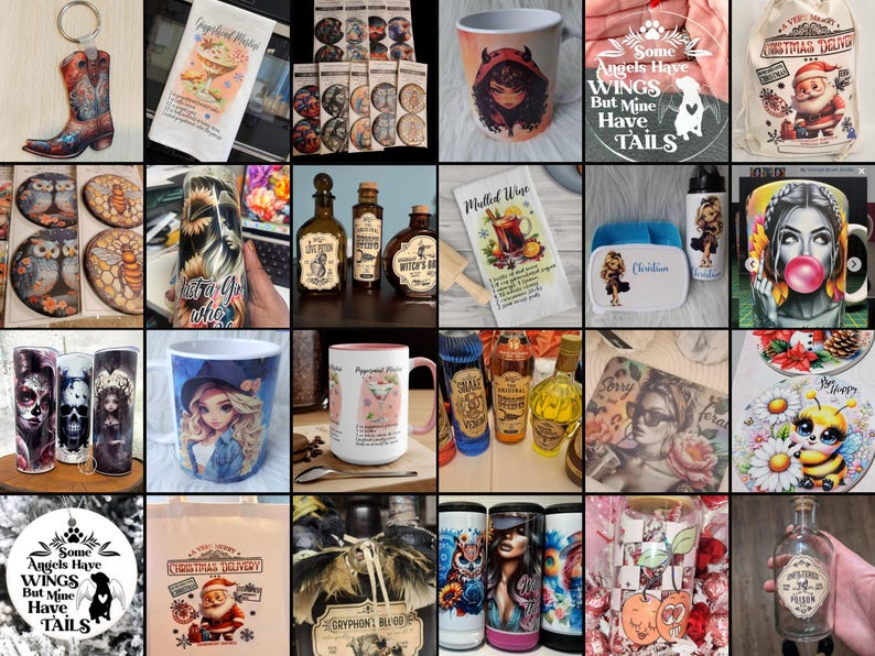 Puede incluir: Una colecci&oacute;n de dise&ntilde;os de sublimaci&oacute;n con varios temas, incluyendo &aacute;ngeles, brujas, Navidad y otras ilustraciones caprichosas. Los dise&ntilde;os se imprimen en tazas, posavasos, vasos y otros art&iacute;culos.