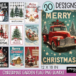 May include: A set of 20 digital Christmas garden flag designs in a vintage style. The designs feature various Christmas themes, including snowmen, Christmas trees, trucks, and Santa Claus. The flags are 30.5 cm by 45.7 cm.