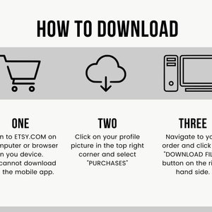 May include: A three-step guide on how to download digital files from Etsy.com. The first step involves logging in to Etsy.com on a computer or browser. The second step involves clicking on your profile picture in the top right corner and selecting "Purchases". The third step involves navigating to your order and clicking the "Download Files" button on the right hand side.