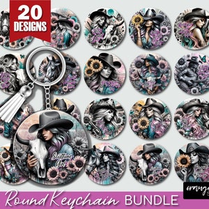 May include: A set of 20 round keychain designs featuring colorful illustrations of women in cowboy hats with floral and other decorative elements. The text "Round Keychain Bundle" is at the bottom of the image.