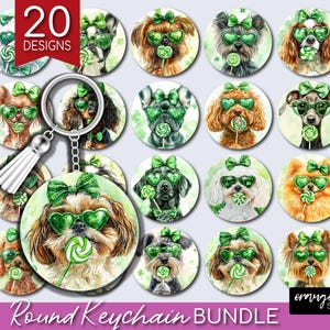 May include: A set of 20 round keychain designs featuring various animals wearing sunglasses and holding lollipops. The designs are all on a white background with green shamrocks and the text "Round Keychain Bundle".