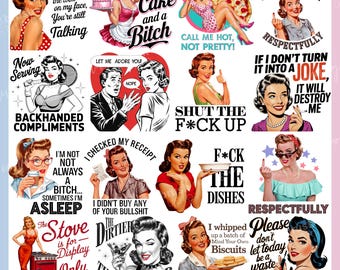 Sarcastic Housewife PNG Bundle, 20 Funny Housewife Sublimation Designs, 1950s Retro Vintage Woman PNG Sassy Mom Quotes - Digital Download