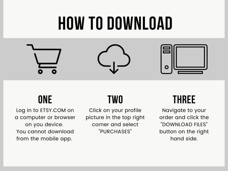 Puede incluir: Una ilustraci&oacute;n en blanco y negro que muestra tres pasos sobre c&oacute;mo descargar archivos digitales de Etsy.com. El primer paso muestra un icono de carrito de compras, el segundo paso muestra una nube con una flecha hacia abajo, y el tercer paso muestra un monitor de computadora. El texto debajo de cada icono explica los pasos en detalle.