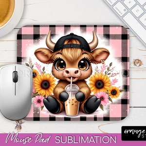 Highland Cow Mouse Pad Sublimation, Baby Cow with Coffee Sublimation for Crafts, Mouse pad PNG Design - Digital Download