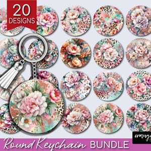 Leopard Print Flowers Keychain Sublimation - Summer Keychain PNG Bundle. Glitter Boho Watercolor Flowers Key Ring Designs - Digital Download