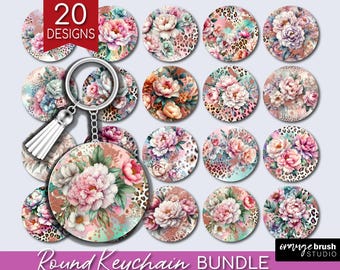 Leopard Print Flowers Keychain Sublimation - Summer Keychain PNG Bundle. Glitter Boho Watercolor Flowers Key Ring Designs - Digital Download