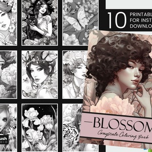 Páginas para colorir adultas para impressão de flores, livro para colorir em tons de cinza, mulheres elegantes para colorir pacote JPG, lindas flores para imprimir PDF