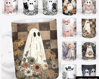 Ghost Mug Wrap PNG Bundle. Spooky Halloween Mug Sublimation, Cute Ghost 15Oz Mug PNG Fall Vintage Checkered Iridescent - Digital Download