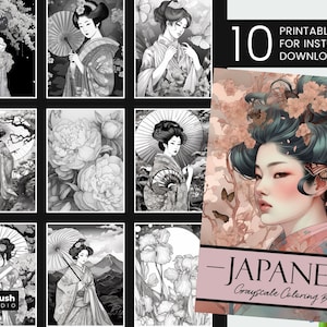 Japanese Geisha Coloring Book, 10 Greyscale Coloring Pages, Printable Adult Coloring Book, Old Japan Coloring Page Bundle + Book Cover