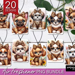 Leopard Bow Puppy Air Freshener Sublimation Bundle. Sunflowers 20 Dog Breeds Car Freshener PNG Bundle for Dog Mom Crafts - Digital Download