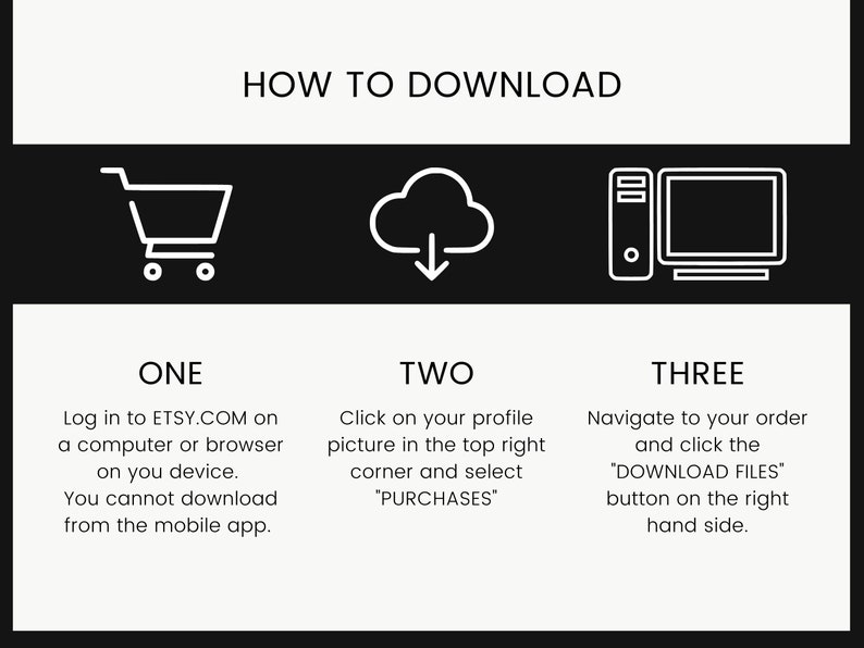 May include: Black and white illustration showing three steps to download a digital purchase from Etsy.com. Step one: Log in to Etsy.com on a computer or browser. Step two: Click on your profile picture in the top right corner and select "Purchases". Step three: Navigate to your order and click the "Download Files" button on the right hand side.