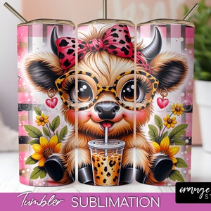 Highland Cow Tumbler Wrap, Baby Cow Tumbler Sublimation. Highland Cow Wrap Sublimation Design PNG Design for Crafts - Digital Download