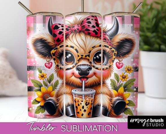 Highland Cow Tumbler Wrap, Baby Cow Tumbler Sublimation. Highland Cow Wrap Sublimation Design PNG Design for Crafts - Digital Download