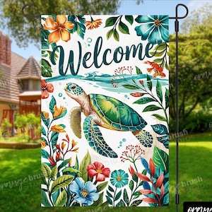 Sea Turtle Garden Flag PNG Design, Summer Flag Sublimation. Beach Flag Welcome Sign PNG 12''x18" for Crafts - Digital Download