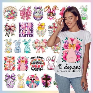 May include: A collection of 45 Easter-themed designs featuring bunnies, eggs, bows, crosses, and floral arrangements. The designs are in a watercolor style and are perfect for creating t-shirts, mugs, tote bags, and other crafts.