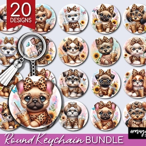 Cute Dog Breed Keychain PNG Designs Bundle. 20 Puppies with Sunflowers and Coffee Dog Mom Leopard Print Sublimation PNG - Digital Download