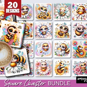 May include: A set of 20 square coasters featuring cute bee illustrations with various designs and colors. The coasters have a glossy finish and are perfect for adding a touch of whimsy to any home decor.