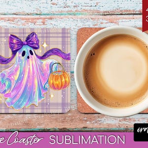Halloween Ghost Coaster PNG Bundle, Cute Spooky Ghost Sublimation For Square Coasters, Fall Vintage Checkered Iridescent, Digital Download