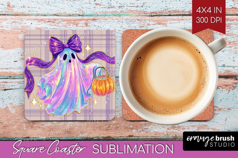 Halloween Ghost Coaster PNG Bundle, Cute Spooky Ghost Sublimation For Square Coasters, Fall Vintage Checkered Iridescent, Digital Download
