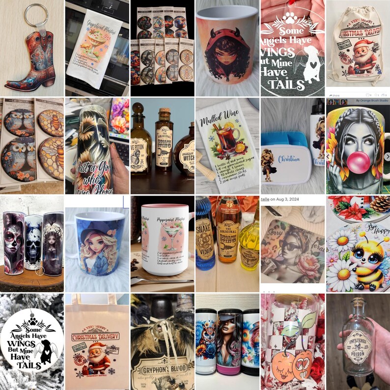May include: A collection of various items, including mugs, tumblers, coasters, and decorative bottles. The items feature diverse designs, such as cartoon characters, floral patterns, and text. Some items have text that reads "Mulled Wine", "Some Angels Have Wings But Mine Have Tails", and "Christmas Delivery".