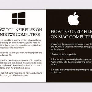 Pu&ograve; includere: Una grafica in bianco e nero con istruzioni su come decomprimere i file su computer Windows e Mac. La grafica presenta i loghi di Windows e Apple.