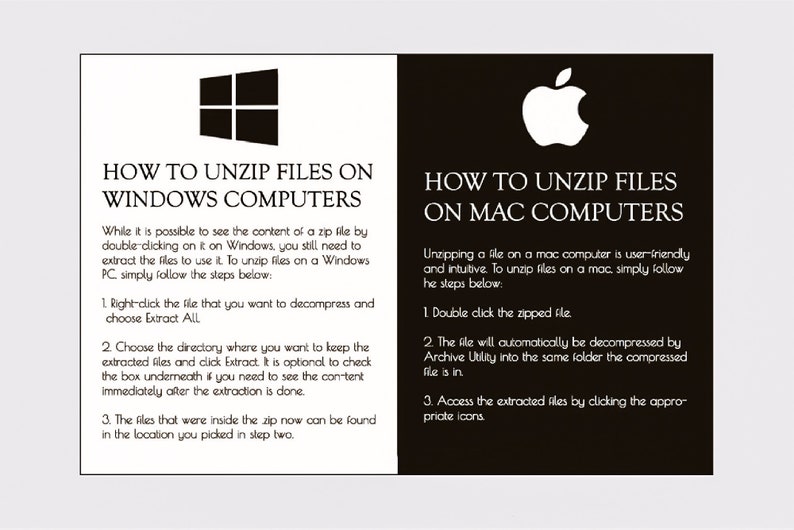 Pu&ograve; includere: Una grafica in bianco e nero con istruzioni su come decomprimere i file su computer Windows e Mac. La grafica presenta i loghi di Windows e Apple.
