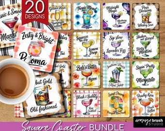 Cocktail Coaster PNG-bundel, zomercocktail Square Coaster-sublimatie, alcoholdrankje strandvakantie PNG-bundel - digitale download