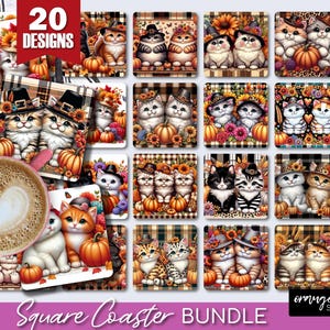Paquete de posavasos cuadrados con diseño de gato de Acción de Gracias, sublimación PNG de calabaza de otoño, 20 diseños de posavasos para manualidades de cosecha de otoño - Descarga digital
