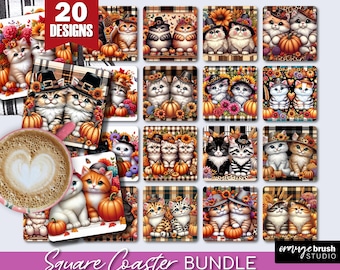 Thanksgiving Cat Square Coaster Bundle, Fall Pumpkin Sublimation PNG, Autumn Harvest 20 Coaster Designs for Crafts - Digital Download