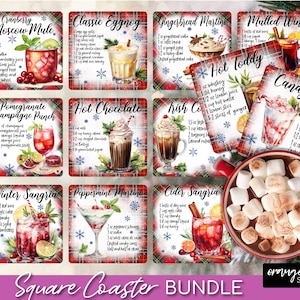 Puede incluir: Un conjunto de 10 posavasos cuadrados con recetas de bebidas de invierno. Cada posavasos tiene una ilustración de acuarela de una bebida, como un Moscow Mule, Eggnog, Hot Toddy y Sangría. Los posavasos están decorados con un patrón de cuadros y copos de nieve.