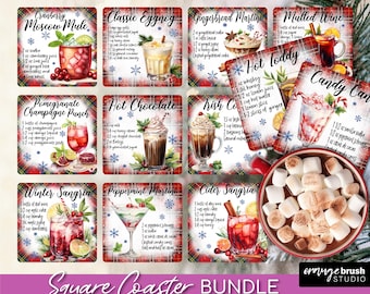 Christmas Square Coaster Sublimation Bundle, Christmas Cocktail Recipe Coaster Designs PNG Bundle for Crafts - Digital Download