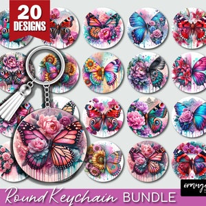 May include: A set of 20 round keychain designs featuring colorful butterflies and floral patterns. The designs are perfect for creating unique and personalized keychains.