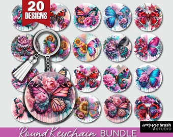 Floral Butterfly Keychain Sublimation - Summer Keychain Bundle. Butterflies and Flowers 20 Glitter Key Chains Designs - Digital Download