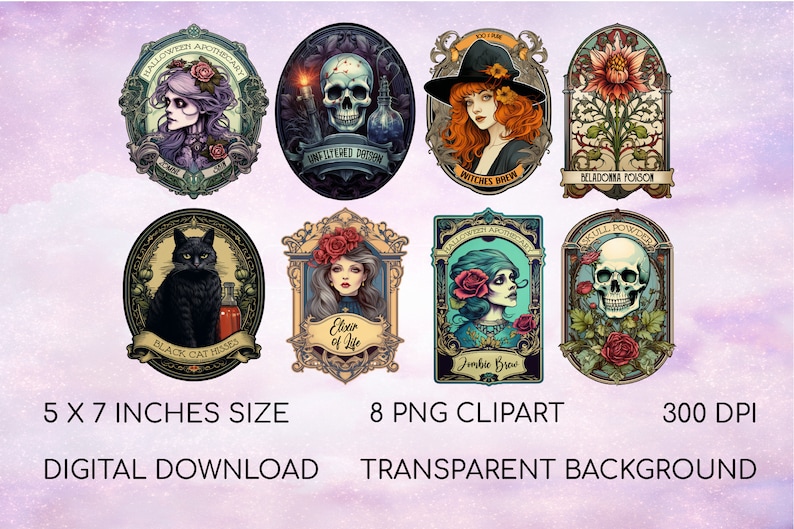 Halloween Apothecary Labels: Vintage Clipart Bundle 8 PNG. Halloween Sublimation Bundle, Potion Labels, Bottle Labels  -Instant Download