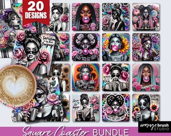 Sarcastic Square Coaster Bundle, Sassy Girl Coaster Sublimation, 20 Sarcastic Quotes, Flower Coaster Designs for Crafts - Digital Download