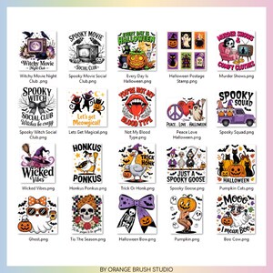 Puede incluir: Una colecci&oacute;n de dise&ntilde;os gr&aacute;ficos con tem&aacute;tica de Halloween. Los dise&ntilde;os incluyen ilustraciones de pel&iacute;culas de miedo, brujas, fantasmas y calabazas. El texto incluye "Witchy Movie", "Spooky Movie", "Halloween" y "Murder Shows".