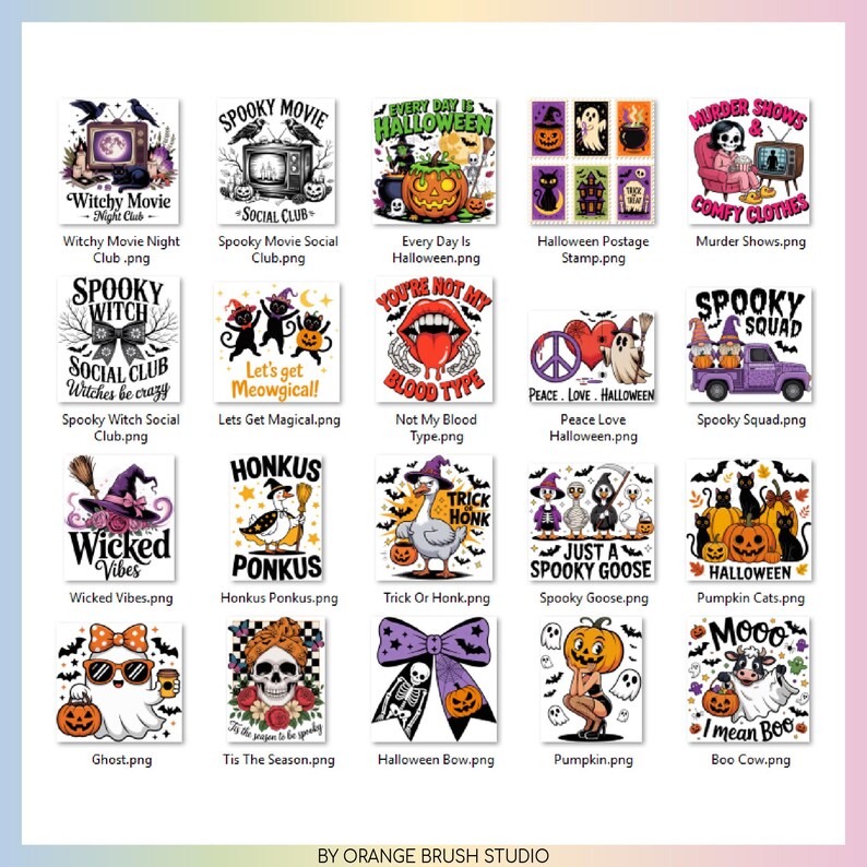 Puede incluir: Una colecci&oacute;n de dise&ntilde;os gr&aacute;ficos con tem&aacute;tica de Halloween. Los dise&ntilde;os incluyen ilustraciones de pel&iacute;culas de miedo, brujas, fantasmas y calabazas. El texto incluye "Witchy Movie", "Spooky Movie", "Halloween" y "Murder Shows".