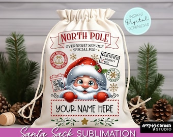 May include: A white canvas Santa sack with a red and gold design. The sack features a cartoon Santa Claus with the text "North Pole Overnight Service Special For: Certified Naughty Nice" and "Your Name Here".